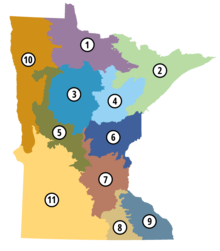 Map of Minnesota with 11 woodland areas in different colors numbered from 1 - at the northern most, central part of the state - to 11 in the west-southern-most part.