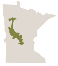 Map of Minnesota in gray with the western Harwood Hills woodland area colored in khaki green.