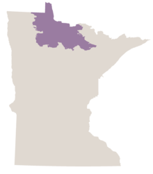 Map of Minnesota in gray with the central-northern woodland area known as the Agassiz Lowlands colored in purple.
