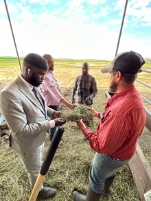 Three Somali community members meet with a local farmer on his farm